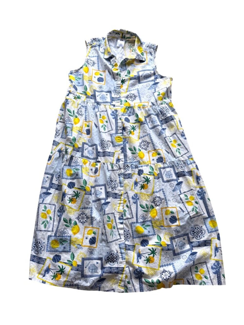 Alex's Lemonade Stand Women's Maxi Dress L Lemon Seashell Print Button Front